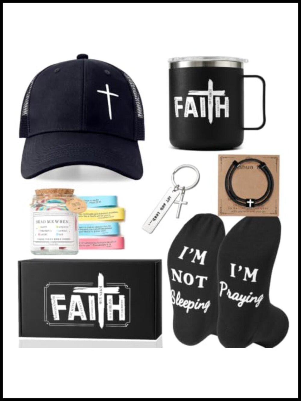 Christian Gift Set for Men 6 Piece Faith Mug Hat Keychain Socks Bracelet